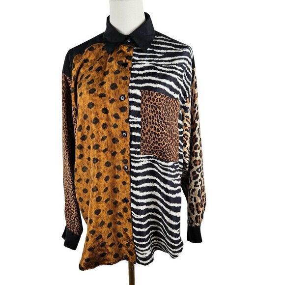 Preston & York Silk Blouse Small Mixed Animal Prints Leopard Zebra Maximalist - Picture 1 of 9